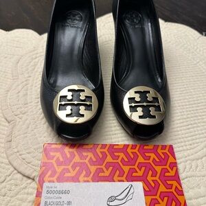Tory Burch Black Wedges with Gold Emblem